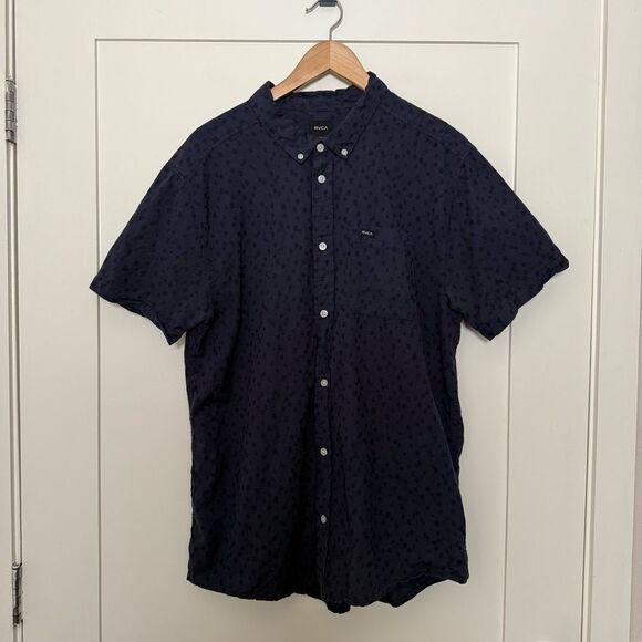 RVCA Shirt Mens Sz XXL Navy Blue Slim Fit Short Sleeve Button Down Preppy Logo - Picture 1 of 10
